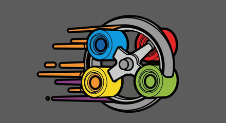 Fototapeta premium Colorful, stylized gear components with motion lines, abstract design on a gray background