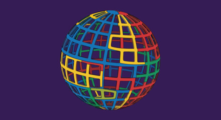 A colorful, geometric sphere composed of interlocking frames against a deep purple background