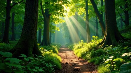 Obraz premium Sunbeams Illuminate Serene Woodland Path, Lush Greenery Envelops Ancient Trees, Creating a Magical Atmosphere of Tranquility and Natural Beauty