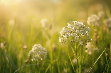 Obraz premium The white meadowsweet blossom flourishing in a sunny field