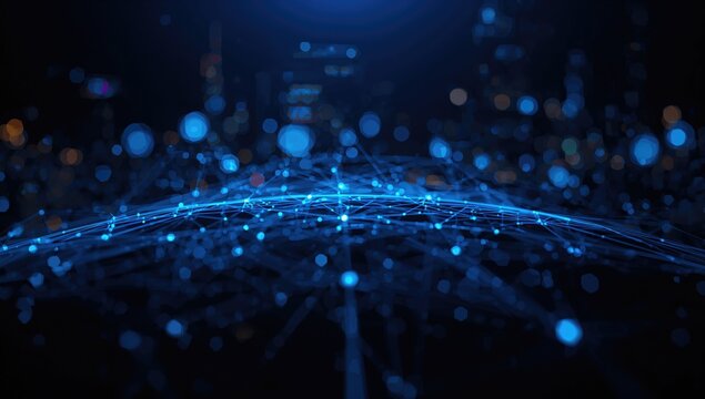 Urban internet connectivity technology with blurred skyscrapers and blue network icons