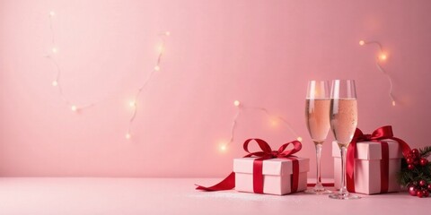 Festive Celebration with Sparkling Wine and Presents on Pink Background