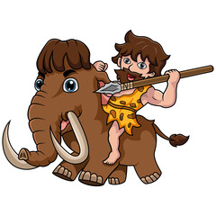 Cartoon young caveman riding mammoth