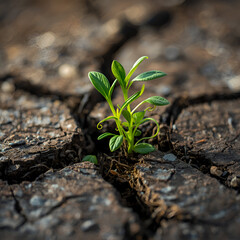 green plant growing through cracked earth, macro shot, realistic lighting, hope and renewal theme,generative.ai
