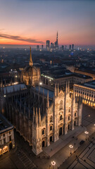 Duomo di Milano at Sunset — Aerial View of Historic Cathedral and Modern Skyline