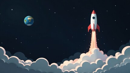 A Powerful Rocket Ascending Through Cosmic Clouds Towards a Distant Planet, Symbolizing Progress and Innovation in a Vast Universe