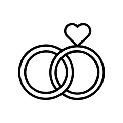 Two wedding rings intertwined with a heart symbol above them  
