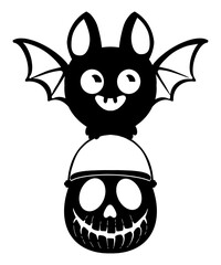 Flat vector Halloween illustration of cute black color silhouette bat holding  pumpkin shaped candy bucket. Perfect for holiday cards, invitations, banners, kids designs, and festive decorations.