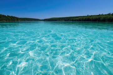 Obraz premium Scenic view of a lake surrounded by dense forest with crystal-clear turquoise and green water over a white sandy bottom shimmering under the summer sun