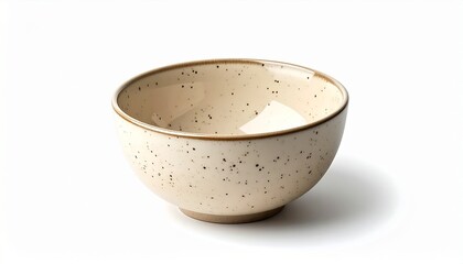 Off-white ceramic bowl with dark speckles and horizontal ridges on neutral surface