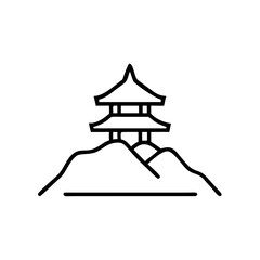 Pagoda structure situated on a mountain in minimalist line art  