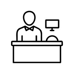 Man at hotel reception desk with computer and blank background  