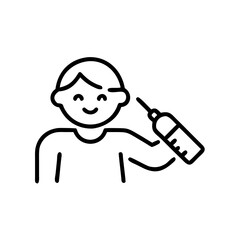Child smiling while holding vaccine syringe in a simple outline style  