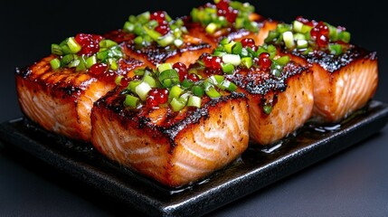 Delicious Grilled Salmon with Red Caviar and Green Onions