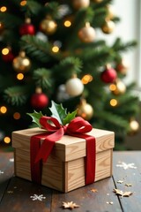 A beautifully wrapped present sits on a wooden table, adorned with a festive red ribbon and holly sprig, before a softly blurred Christmas tree sparkling with warm lights.