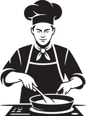 Chef stirring ingredients in pan on stove cooking