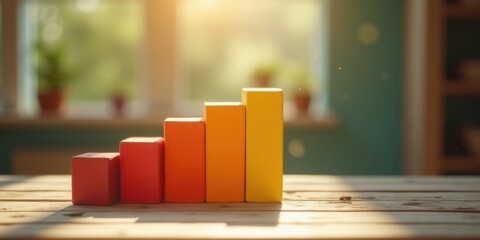 Ascending Colorful Blocks on Wooden Surface in Sunlit Room