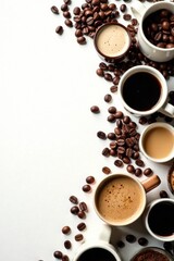 Aromatic Coffee Beverages and Roasted Beans Arranged Artfully on a White Surface