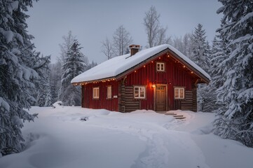 Snowy landscape featuring a wooden red cottage in winter