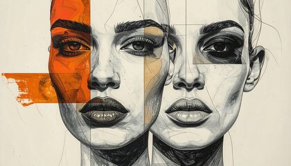 Abstract Portrait of Two Women Faces Artistic Collage.