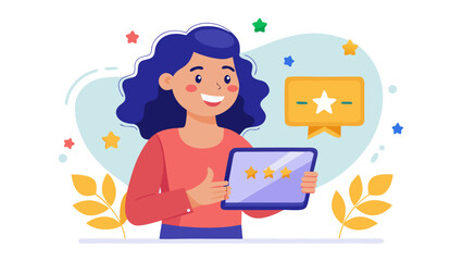 Woman holding tablet with star rating and badge icon