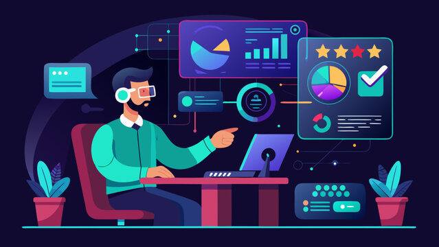 Man working with data analysis and virtual reality set