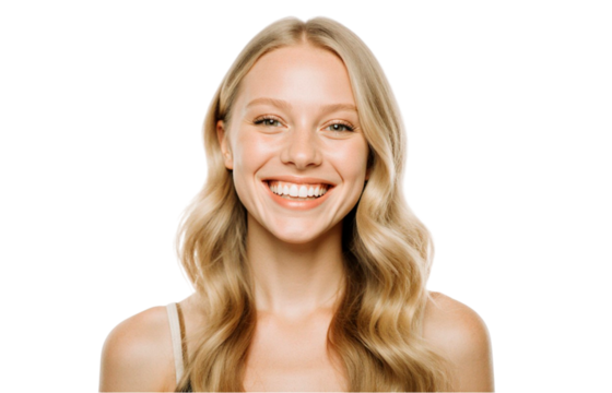 portrait of a young woman A beautiful model girl with wavy hair and white teeth for an advertisement for toothpastes and shampoos