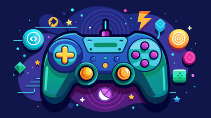 Stylized game controller with cosmic background elements