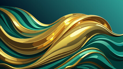 Abstract golden and teal ribbons flowing dynamically