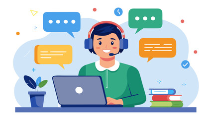 Customer service representative with laptop and headset