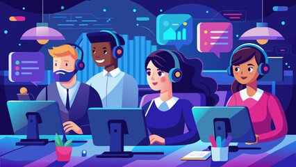Diverse team working at computers with headsets on