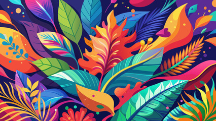 Illustration of colorful tropical leaves and foliage