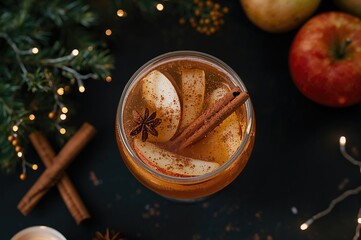 Warm winter beverages made from apple white wine, sea buckthorn, and cinnamon, served in a glass, viewed from above on a dark surface.