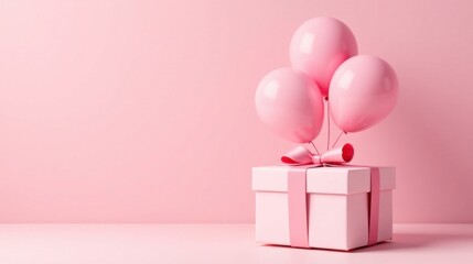A Delicate Pink Gift Box Adorned with Balloons, a Symbol of Celebration and Joy