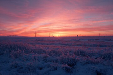 Frosty evening in a frozen wilderness with utility poles and satellite antennas amidst snow-covered terrain.