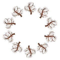 A winter wreath with bare tree trunks. The elements are arranged in a circle. This nature illustration is suitable for holiday cards and children's illustrations.