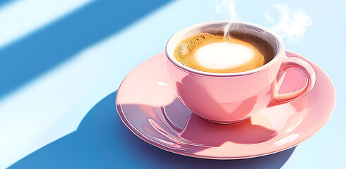 Steaming pink coffee cup with latte art awakens senses