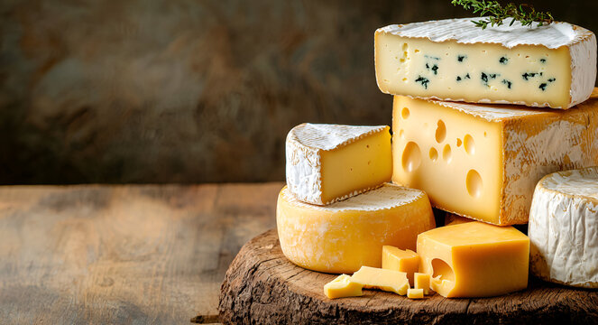 Gourmet cheese selection on rustic wood board - Powered by Adobe