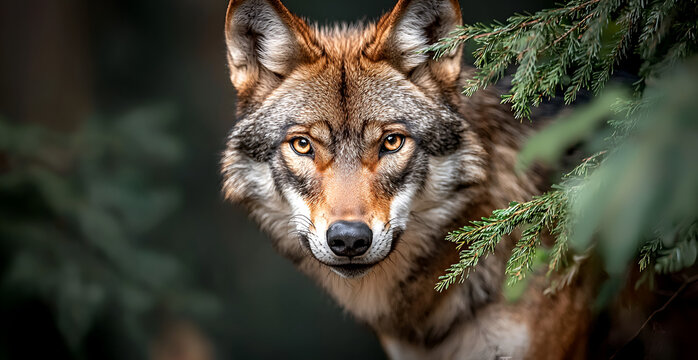 Intense wolf gaze pierces through forest branches