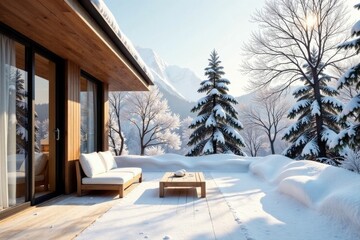 Winter Wonderland Patio Relaxing Wooden Furniture on a Snow-Covered Deck Overlooking a Mountainous Landscape with Sunlit Evergreen Trees