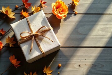 A thoughtfully wrapped gift box rests on a sun-drenched wooden surface, adorned with autumnal floral accents and natural twine