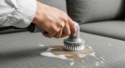 Close up hand cleaning a stain on a gray sofa with electric brush and foam. Concept for upholstery cleaning, deep cleaning, and stain removal at home