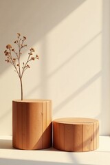 Warm Sunlight Illuminates Minimalist Wooden Display Platforms with Dried Floral Arrangement