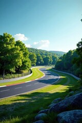 A scenic winding race track nestled amidst lush greenery under a vibrant summer sky