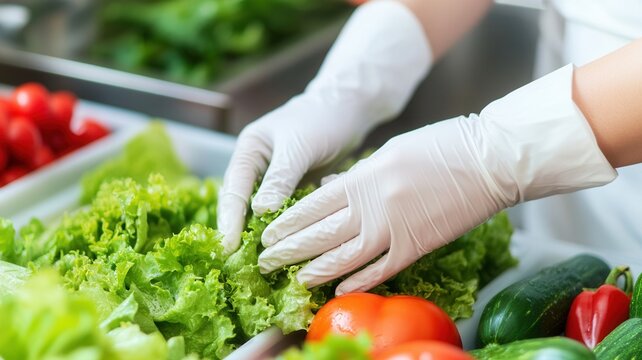 Gloved hands washing fresh produce, ensuring hygiene and food safety in professional culinary setting