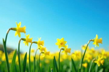 Vibrant Yellow Daffodils Blooming Under a Clear Spring Sky, a Field of Cheerful Flowers Basking in Sunshine