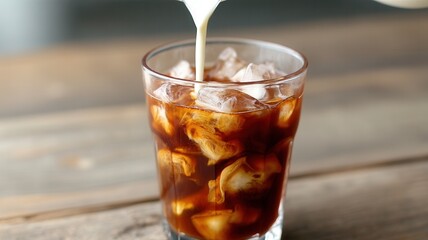 Milk cascading into iced coffee, wooden surface revealing creamy swirling patterns blending rich brown and white hues