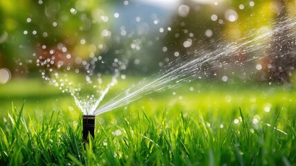 Close up automatic sprinkler watering lush green lawn, creating refreshing summer garden environment with hydrating spray