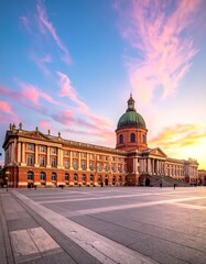 Naklejka premium Grand neoclassical building with a copper dome and sunset sky