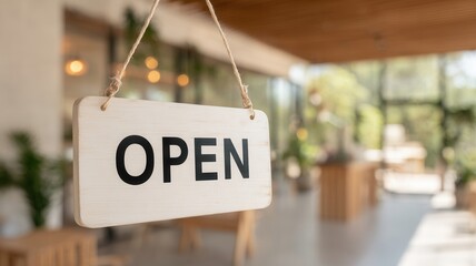 White open sign dangling from rope, signaling welcoming cafe environment with soft focused interior backdrop
